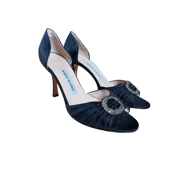 Manolo Blahnik Shoes - Manolo Blahnik Sedaraby Black Satin Crystal Heels Shoes Size 38.5